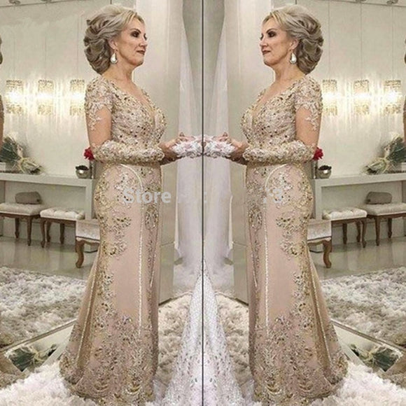 Elegant 2019 Mother Of The Bride Dresses Mermaid Long Sleeves Lace Beaded Long Wedding Party Dresses Mother Dresses For Wedding