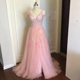 Beading Prom Dresses V neck Pink High Split Tulle Sweep Train Sleeveless Evening Gown A-line Lace Up Backless