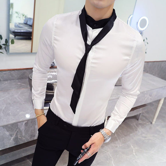 New Fashion White Dress Shirts Men Tie Long Sleeve Casual Formal Shirt Man Slim Fit Wedding Shirt Male Clothing Tops