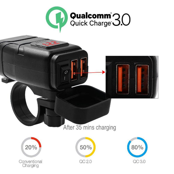 Motorcycle Vehicle-mounted Charger Waterproof USB Adapter 12V Phone Dual Quick Charge 3.0 Voltmeter ON OFF Switch Moto Accessory