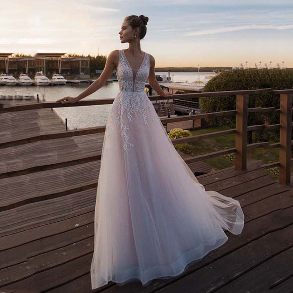 LORIE Light Pink Princess Wedding Dress Sleeveless Appliqued Bride Dress A-Line Tulle Bride Wedding Gowns Boho Wedding Gown