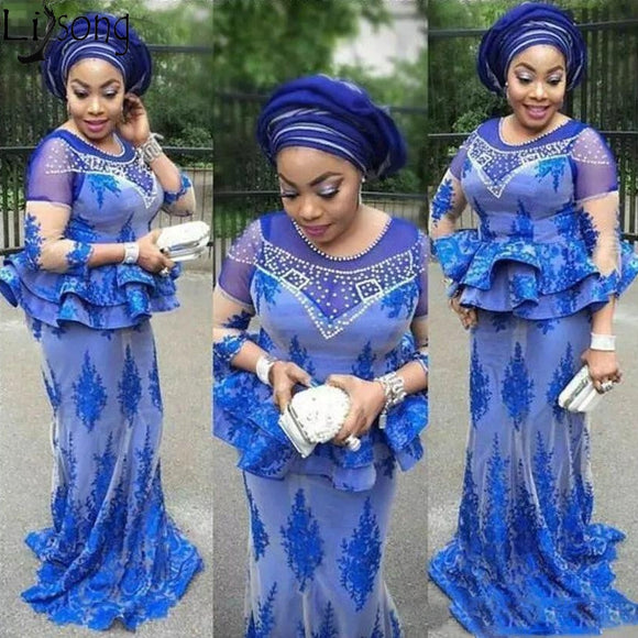 Plus Size African Royal Blue Prom Dresses Mermaid Beaded Nigerian Lace Appliques Aso Ebi Evening Gowns Mother Of The Bride Dress