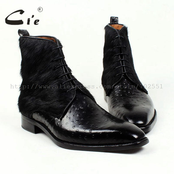 cie Free Shipping Handmade Horse Hair/Empossed Ostrich Calf Leather Outsole Buttom Breathable Color Black Men Leather Boots A86