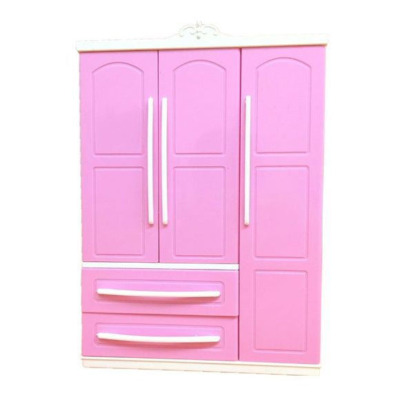 Three-door Pink Modern Wardrobe Play set for Dolls Furniture Can Put Shoes Clothes Accessories with Dressing Mirror Girls Toys