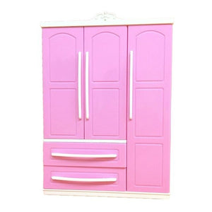 Three-door Pink Modern Wardrobe Play set for Dolls Furniture Can Put Shoes Clothes Accessories with Dressing Mirror Girls Toys