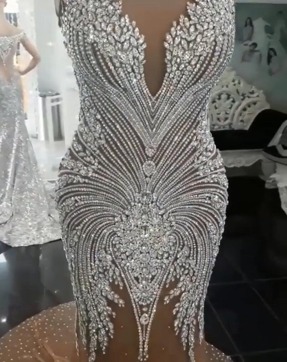 Top Luxurious Mermaid Wedding Dresses Sexy Deep V Neck Backless Full Crystal Beads Robe De Mariee Champagne Bridal Dresses