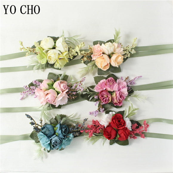 YO CHO Bridesmaid Boutonniere Silk Flower Wrist Corsage
