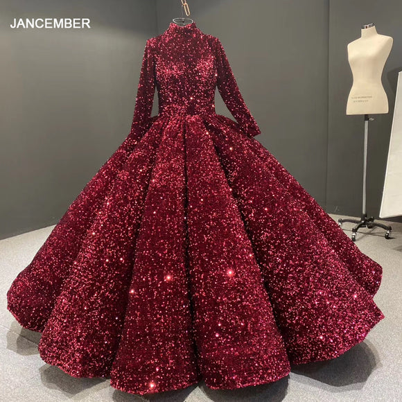 J66991 jancember formal dress for teenagers high neck long sleeve sequined red quinceanera dresses vestidos de quincea era 2020