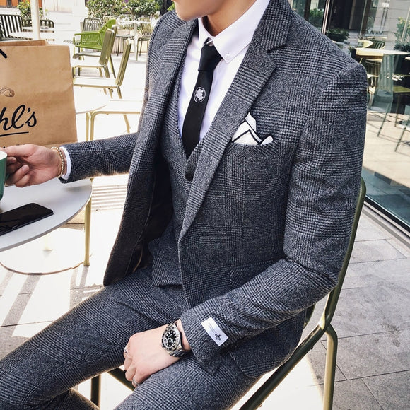 Mens Business Suits Formal Tuxedo Social Suits Mens Casacas Hombre Azul Terno Preto Slim Fit Gray Retro Plaid Suits Mens