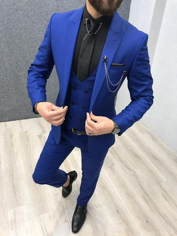 Three Piece Royal Blue Men Suits Peaked Lapel Custom Made Wedding Tuxedos Slim Fit Male Suits (Jacket + Pants + Vest+Tie)