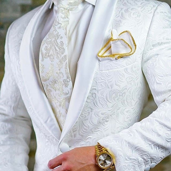 High Quality One Button White Paisley Groom Tuxedos Shawl Lapel Groomsmen Mens Suits Blazers (Jacket+Pants+Tie) W:715