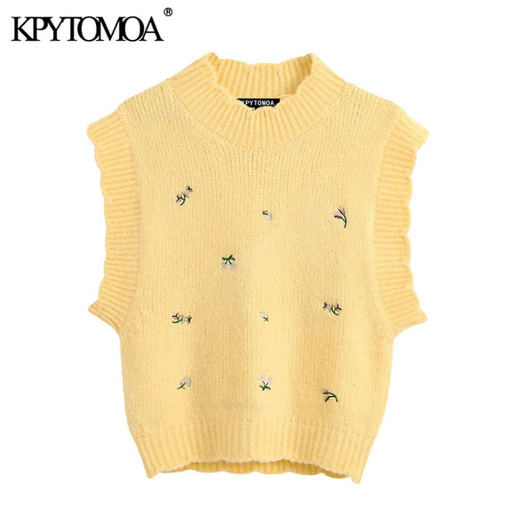 KPYTOMOA Floral Embroidery High Neck Sleeveless Knitted Vest Sweater