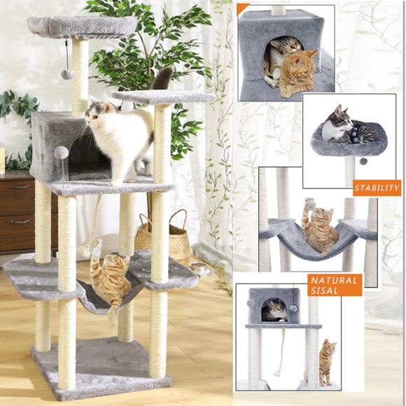 Fast Pet Cat Tree with Sisal-Covered Scratching Post Plush Cat Condo House Hammock Perches Platform Dangling Ball for Cat Kitten