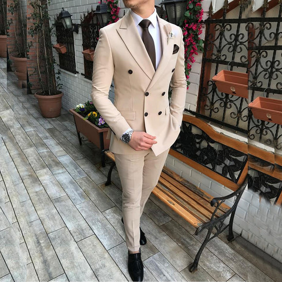 New Beige Men's Suit 2 Pieces Double-breasted Notch Lapel Flat Slim Fit Casual Tuxedos For Wedding(Blazer+Pants)
