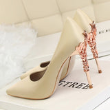 Metal Carved Thin Heel High Heels Pumps Women Shoes Sexy Pointed Toe Ladies Shoes Fashion Candy Colors Wedding Shoes Woman