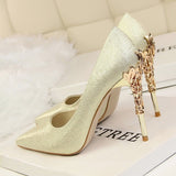 Metal Carved Thin Heel High Heels Pumps Women Shoes Sexy Pointed Toe Ladies Shoes Fashion Candy Colors Wedding Shoes Woman
