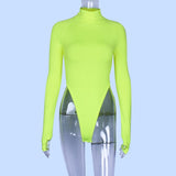 Dulzura high neck long sleeve high waist neon bodysuit 2019 autumn winter women sexy skinny stretch body clothing