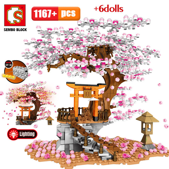 SEMBO City Street View Idea Sakura Inari Shrine Bricks Friends Cherry Blossom Technic Creator House Tree Building Blocks Toys