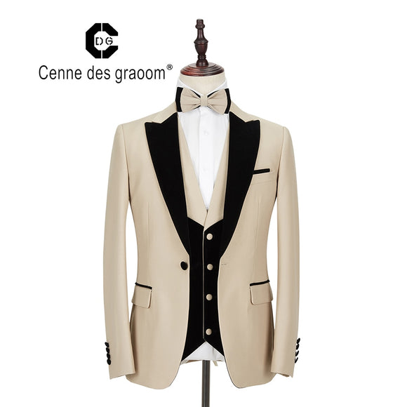 Cenne Des Graoom New Men Suit Costume 3 Pieces Velvet Lapel Slim Fit Shawl Lapel Tuxedo DG-MT