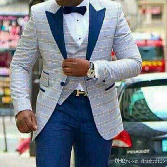 Slim Fit Groomsmen One Button Groom Tuxedos Peak Blue Lapel Men Suits Wedding Best Man 3 Pieces ( Jacket+Pants+Vest+Tie ) C825