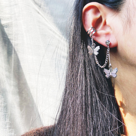 Single Stud Butterfly Earrings Chain Exaggerated Cool Dangler Ear Bone Clip For Women