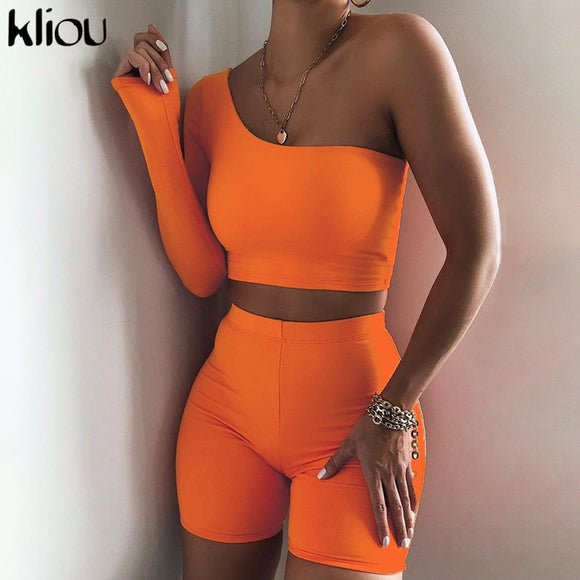 Kliou Solid Asymmetrical Two Piece Matching Tracksuit Set for Women