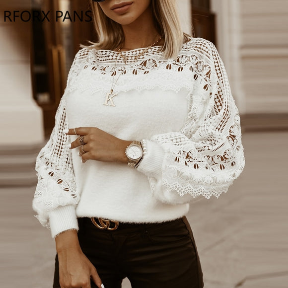 Solid Guipure Lace Lantern Long Sleeve Sweater for Women