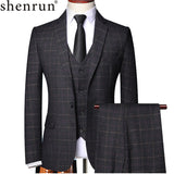 Shenrun Men 3 Pieces Suit Spring Autumn Plaid Slim Fit