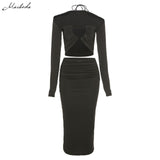 Macheda Autumn Sexy Two Pieces Set Women Black Long Sleeve Crop Top And High Waist Long Skirt Outfit Lady Fashion Clothing New