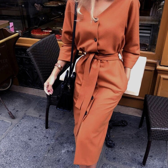 Sexy v Neck Autumn Long Sleeve Women Dress Ladies Sashes Button Casual Office Dress
