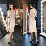 Sexy v Neck Autumn Long Sleeve Women Dress Ladies Sashes Button Casual Office Dress