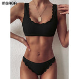 INGAGA Push Up Bikinis - Black Solid Ribbed Scalloped Swimwear Set