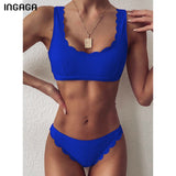 INGAGA Push Up Bikinis - Black Solid Ribbed Scalloped Swimwear Set