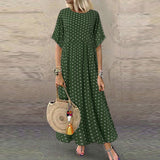 Women Sundress Vintage O-Neck Long Maxi Dress Female Casual Dot Printed Summer Dress Beach Boho Dresses