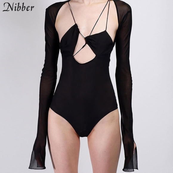 Nibber Ladies Sexy Deep V-neck Bodysuits Short Section Slim Lace Long Sleeve Casual Sport Jumpsuits