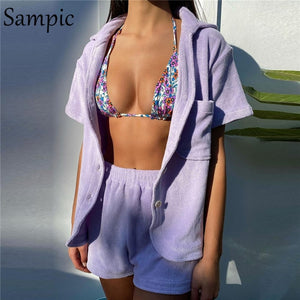 Sampic Casual Tracksuit Women Summer 2021 Two Piece Shorts Set Yellow Shirt Tops And Mini Loose Shorts Suit Fashion Lounge Wear