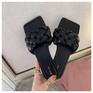 New Fashion Weave Slippers Women Square Toe Flat Casual Shoes Women Slide 2021 Summer Flip Flops Beach Sandal Slipper Big size41