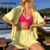 Sampic Casual Tracksuit Women Summer 2021 Two Piece Shorts Set Yellow Shirt Tops And Mini Loose Shorts Suit Fashion Lounge Wear