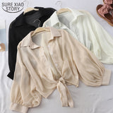 New 2021 Summer Half Sleeve Buttoned Up Shirt Loose Casual Blouse Chiffon Shirts Women Tied Waist Elegant Blouses for Women