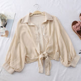 New 2021 Summer Half Sleeve Buttoned Up Shirt Loose Casual Blouse Chiffon Shirts Women Tied Waist Elegant Blouses for Women