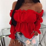 Hirigin 2021 Elegant Women Off Shoulder Chiffon Blouse Fashion Solid Color Pleated Sexy Shirt New Office Street Tops and Blouses