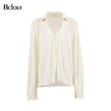 Bclout Green Vintage Flare Sleeve Blouse Shirt Spring Casual Single Breasted Women Top Autumn Oversize Turn Down Collar Shirts