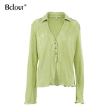 Bclout Green Vintage Flare Sleeve Blouse Shirt Spring Casual Single Breasted Women Top Autumn Oversize Turn Down Collar Shirts