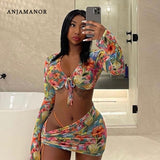 ANJAMANOR Floral Printed Mesh Sexy Top and Skirts Sets Summer Vacation Outfits 2021 Rave Party Club Wear Two Piece Set D85-CE11