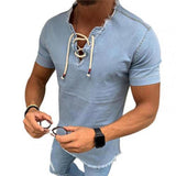 Oversized Men Casual T-shirt V Neck Lace-up Tee Summer Denim Solid Color Short