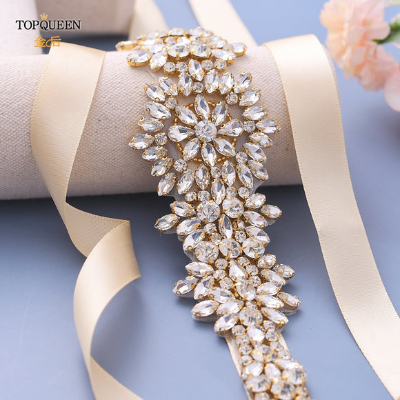 TOPQUEEN S319-G Luxury Bridal Belt Gold Rhinestone Applique Wedding Accessories Women Diamond Sash Moroccan Caftan Decoration