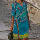 Women Elegant Dress Summer Fashion Loose V-Neck Half Sleeve A-Line Dress Sundress Female Vintage Print Midi Dresses Vestidos