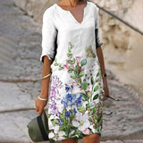 Women Elegant Dress Summer Fashion Loose V-Neck Half Sleeve A-Line Dress Sundress Female Vintage Print Midi Dresses Vestidos