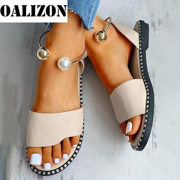 2022 New Summer Women Beaded Pearly Sandals Slippers Shoes Ladies Flats Sandals Flip Flop Casual Flat Slingback Sandals Shoes