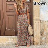 Summer Boho Long Dress Women Casual Paisley Print Belt Maxi Dress Elegant V Neck Short Sleeve Women&#39;s Beach Dress Vestidos
